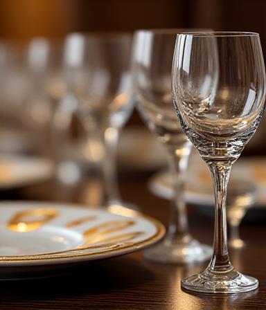 Dettaglio mise en place su tavolo in legno scuro